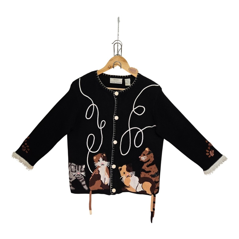 Vintage Casual Living Cat Cardigan Sweater Black Ramie Cotton Medium RN73106